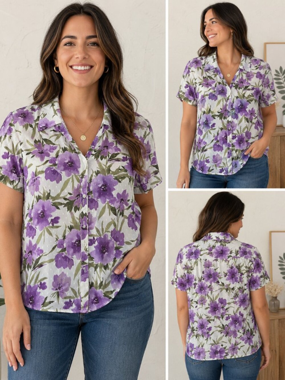 Erika Women’s XL Purple Floral Button Front Blouse Swiss Dot Short Sleeve